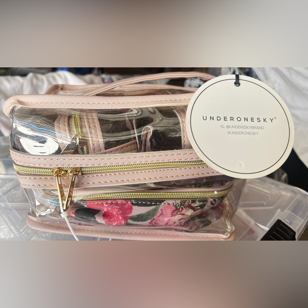 Under One Sky Pink and Gold Floral Cosmetic Bag Set